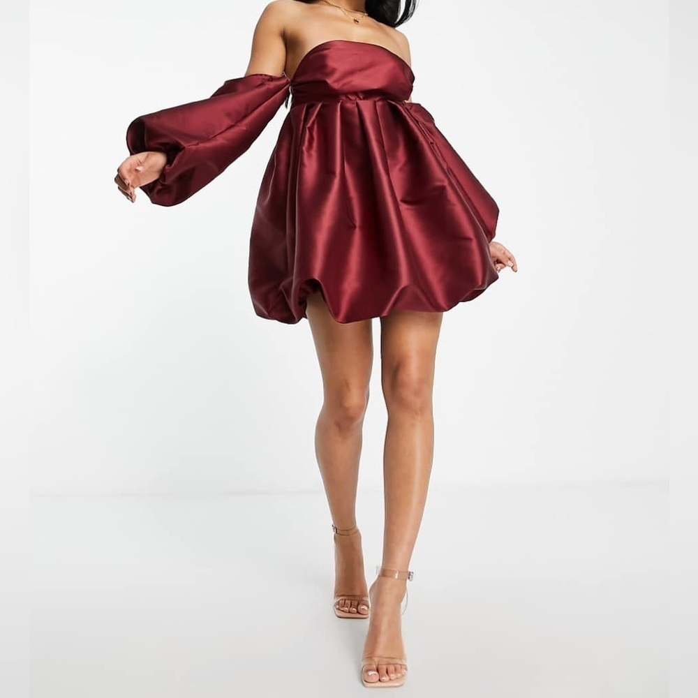 ASOS LUXE Bubble Babydoll Off-shoulder Satin Mini Dress Deep Red/Burgundy Size 2